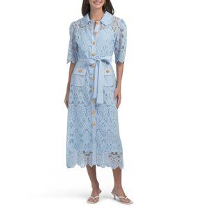 NANCY YANG Blue Lace Button Down Midi Dress